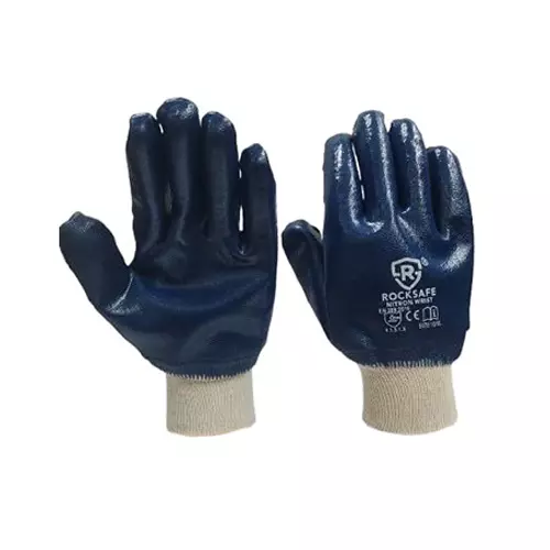 ROCKSAFE Safety Hand Gloves Nitron Knit Wrist Type Full Nitrile Coating Cotton Lining Blue Free Size (Pack of 24 Pairs)