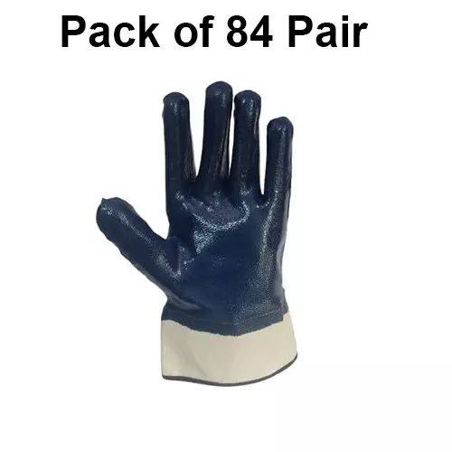 ROCKSAFE Safety Hand Gloves Nitron Cuff Type Full Nitrile Coating Canvas Cuff and Cotton Lining Blue Free Size (Pack of 84 Pairs)