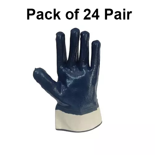 ROCKSAFE Safety Hand Gloves Nitron Cuff Type Full Nitrile Coating Canvas Cuff and Cotton Lining Blue Free Size (Pack of 24 Pairs)