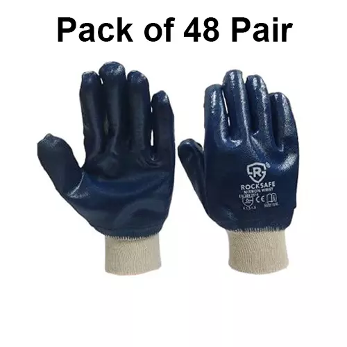 ROCKSAFE Safety Hand Gloves Nitron Knit Wrist Type Full Nitrile Coating Cotton Lining Blue Free Size (Pack of 48 Pairs)