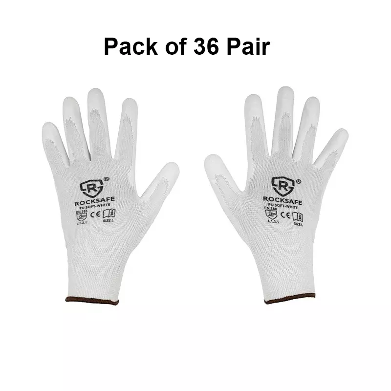 ROCKSAFE Safety Hand Gloves 13 Gauge Polyester PU Coated HPPE Liner White Size M (Pack of 36 Pairs)