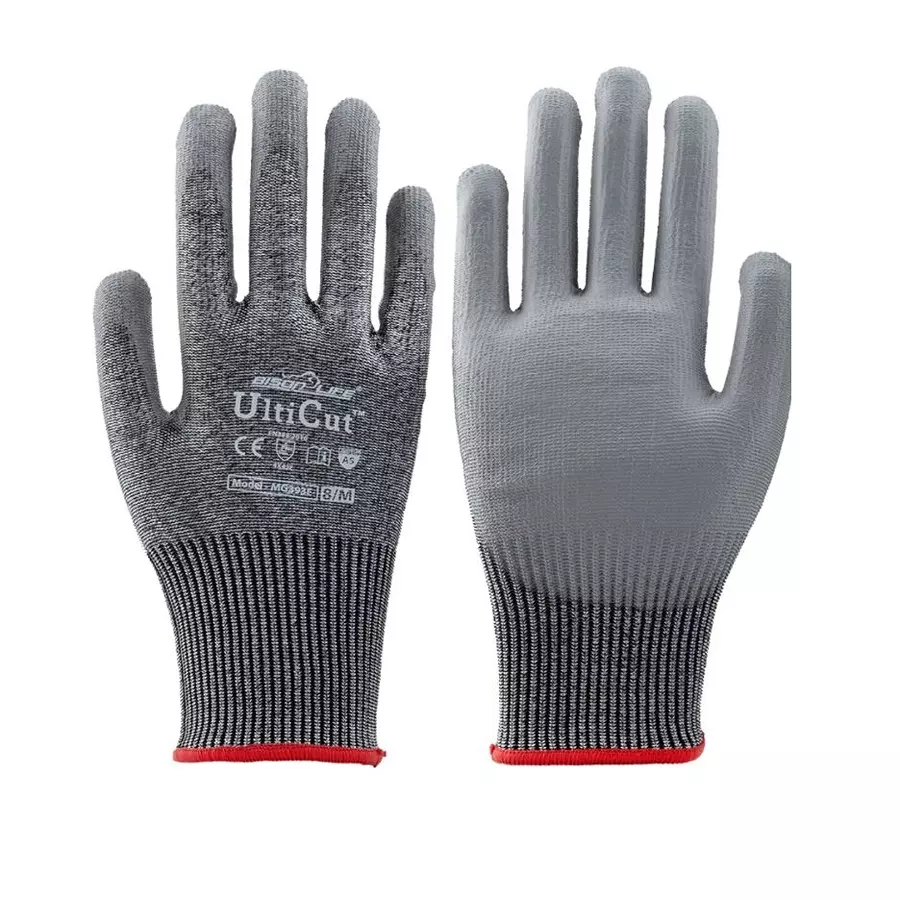 BISON LIFE UltiCut PU Palm Coated Gloves Size-9 with 13G Grey HPPE/Steel/Basalt/Polyester/Spandex Liner, MG393E
