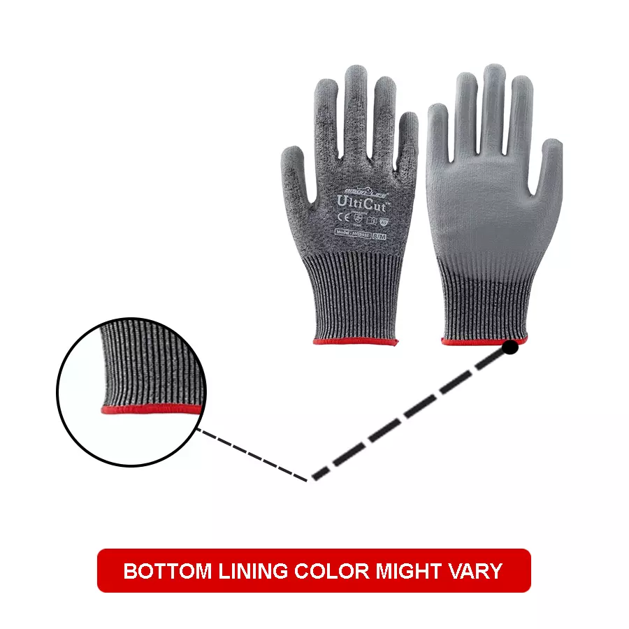 BISON LIFE UltiCut PU Palm Coated Gloves Size-9 with 13G Grey HPPE/Steel/Basalt/Polyester/Spandex Liner, MG393E