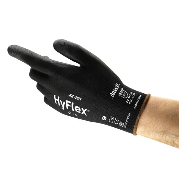 Ansell HyFlex 48-101 Black Nylon Abrasion Resistant Gloves Size 7 Polyurethane Coating, 48101070