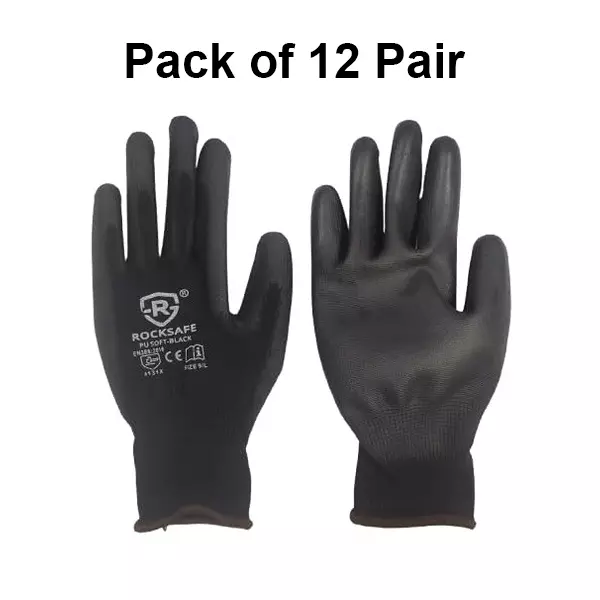 ROCKSAFE Safety Hand Gloves 13 Gauge Polyester Level 1 PU Coated Dark HPPE Liner Black Free Size (Pack of 12 Pairs)