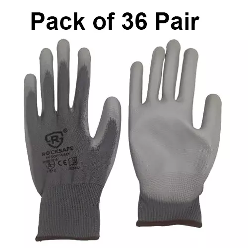 ROCKSAFE Safety Hand Gloves 13 Gauge Polyester Level 1 PU Coated HPPE Liner Grey Free Size (Pack of 36 Pairs)