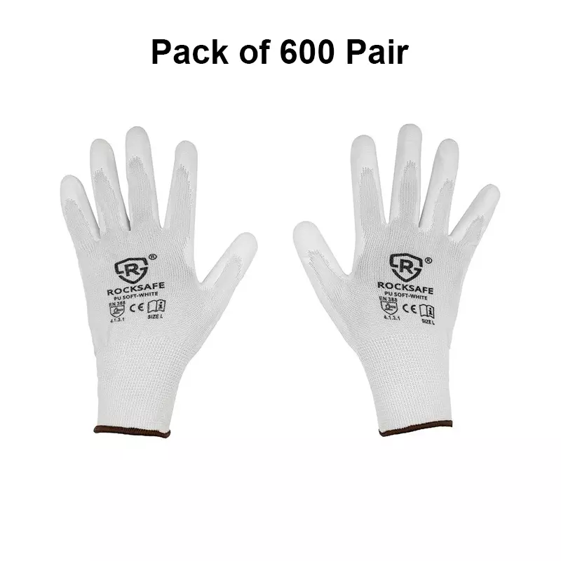ROCKSAFE Safety Hand Gloves 13 Gauge Polyester PU Coated HPPE Liner White Size M (Pack of 600 Pairs)