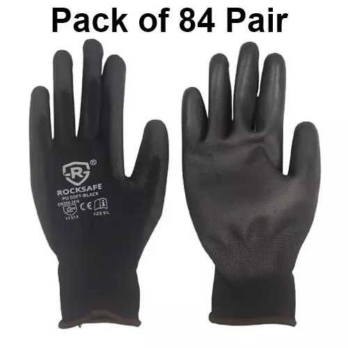 ROCKSAFE Safety Hand Gloves 13 Gauge Polyester Level 1 PU Coated Dark HPPE Liner Black Free Size (Pack of 84 Pairs)