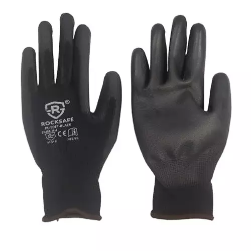 ROCKSAFE Safety Hand Gloves 13 Gauge Polyester Level 1 PU Coated Dark HPPE Liner Black Free Size (Pack of 600 Pairs)
