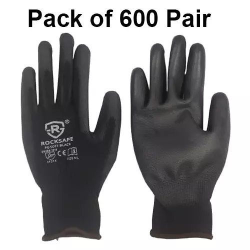 ROCKSAFE Safety Hand Gloves 13 Gauge Polyester Level 1 PU Coated Dark HPPE Liner Black Free Size (Pack of 600 Pairs)