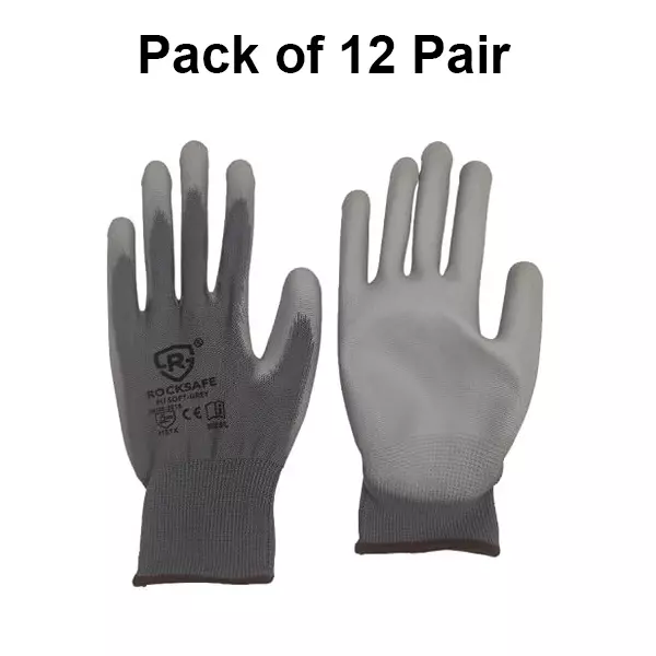 ROCKSAFE Safety Hand Gloves 13 Gauge Polyester Level 1 PU Coated HPPE Liner Grey Free Size (Pack of 12 Pairs)