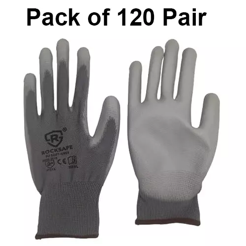 ROCKSAFE Safety Hand Gloves 13 Gauge Polyester Level 1 PU Coated HPPE Liner Grey Free Size (Pack of 120 Pairs)