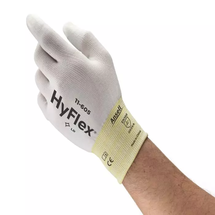 Ansell HyFlex 11-605 White Nylon Abrasion Resistant Gloves Size 10 Polyurethane Coating, 11605100