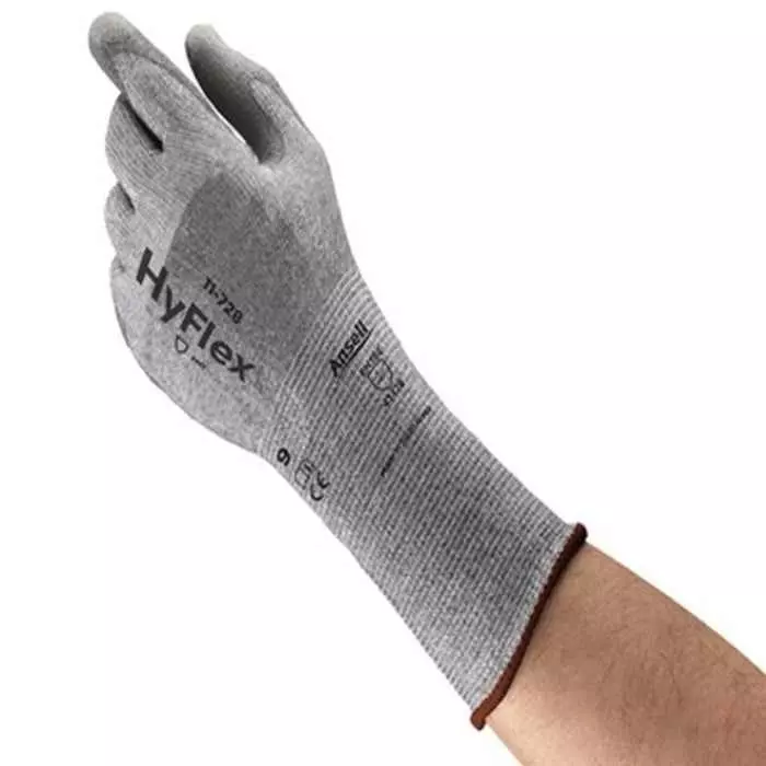 Ansell HyFlex 11-728 Grey HPPE Nylon Spandex Cut Resistant Gloves Size 5 Polyurethane Coating, 11728050