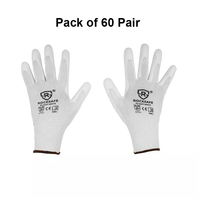ROCKSAFE Safety Hand Gloves 13 Gauge Polyester PU Coated HPPE Liner White Size M (Pack of 60 Pairs)