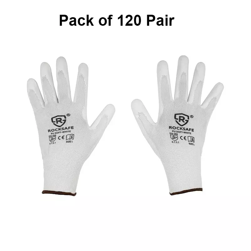 ROCKSAFE Safety Hand Gloves 13 Gauge Polyester PU Coated HPPE Liner White Size L (Pack of 120 Pairs)