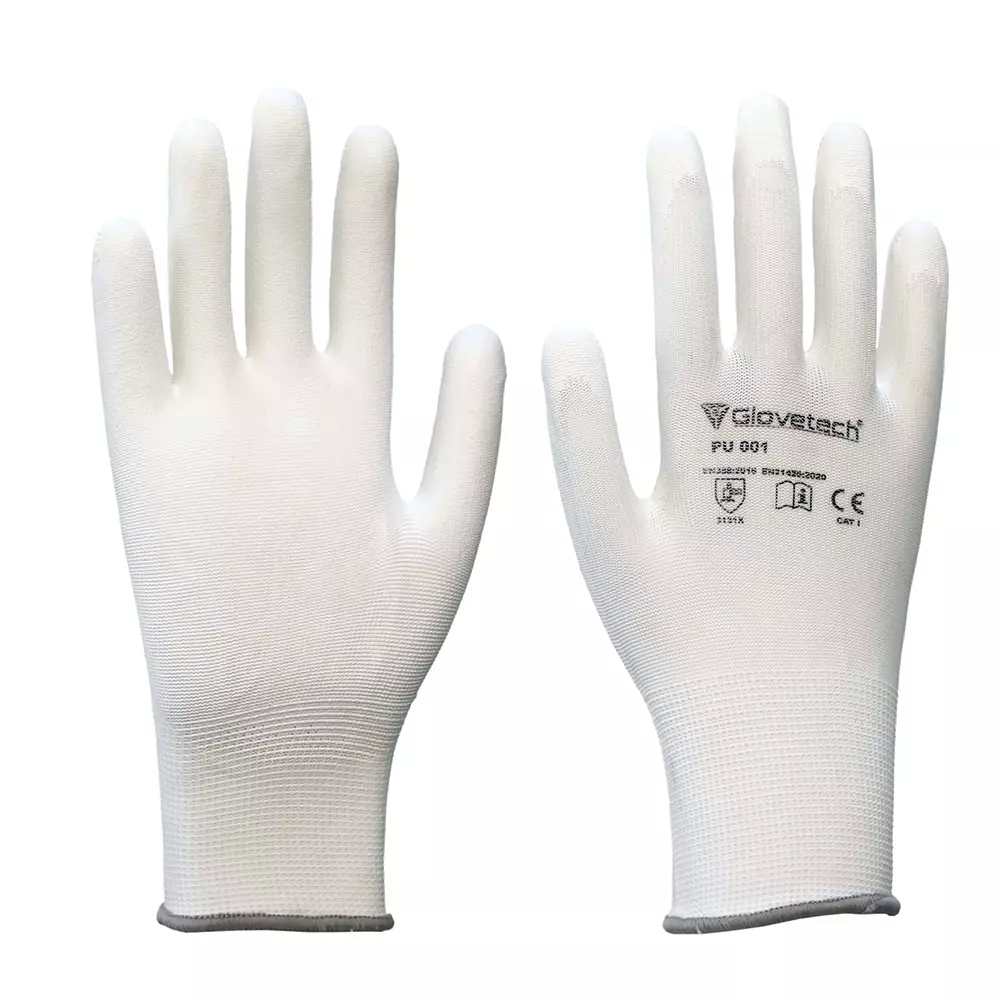 Glovetech PU Coated Gloves Palm Dipped White Medium Size, PU 001 (Pack of 480 Pair)