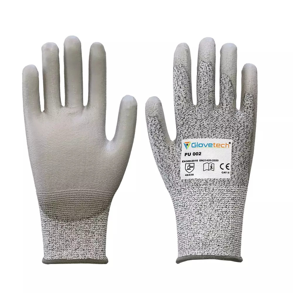 Glovetech PU Coated Cut Resistant Gloves Palm Coated Salt & Pepper XXL Size, PU 002 (Pack of 180 Pair)