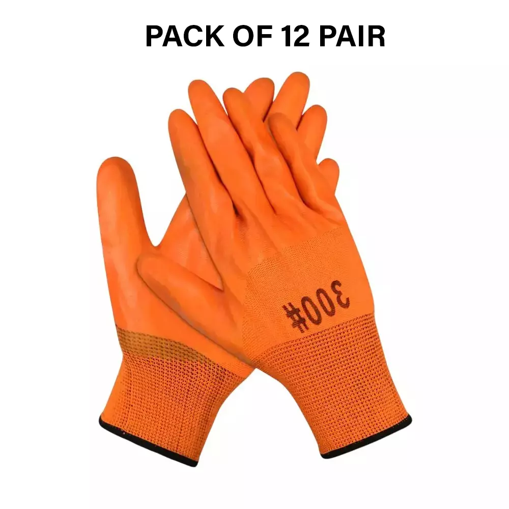 Swavind Safety Hand Gloves High-Quality PVC Full PVC Coating with Abrasion Resistance Orange Free Size (Pack of 12 Pair)