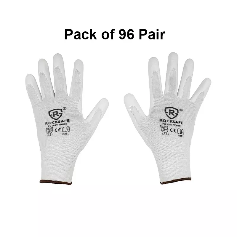 ROCKSAFE Safety Hand Gloves 13 Gauge Polyester PU Coated HPPE Liner White Size M (Pack of 96 Pairs)