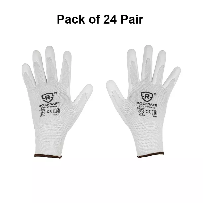 ROCKSAFE Safety Hand Gloves 13 Gauge Polyester PU Coated HPPE Liner White Size L (Pack of 24 Pairs)