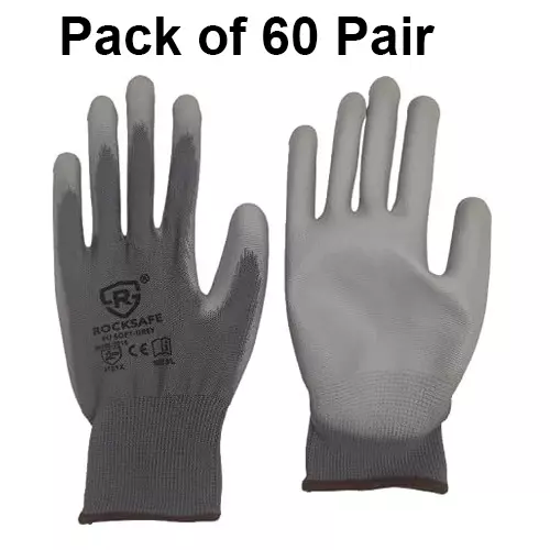 ROCKSAFE Safety Hand Gloves 13 Gauge Polyester Level 1 PU Coated HPPE Liner Grey Free Size (Pack of 60 Pairs)