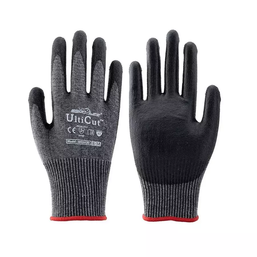 BISON LIFE UltiCut PU Palm Coated Gloves Size-9 with 13G HPPE/Steel/Black Polyester/Spandex Knitted Liner, MG393D