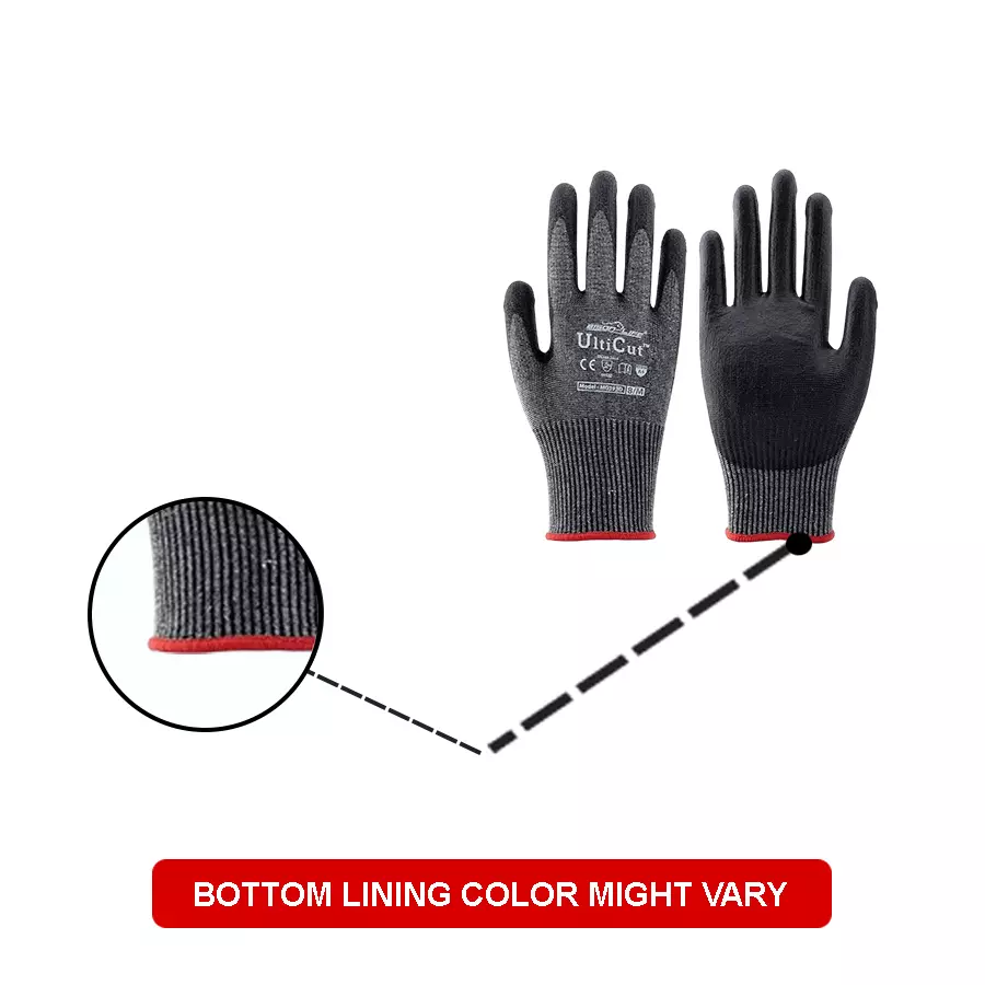 BISON LIFE UltiCut PU Palm Coated Gloves Size-9 with 13G HPPE/Steel/Black Polyester/Spandex Knitted Liner, MG393D
