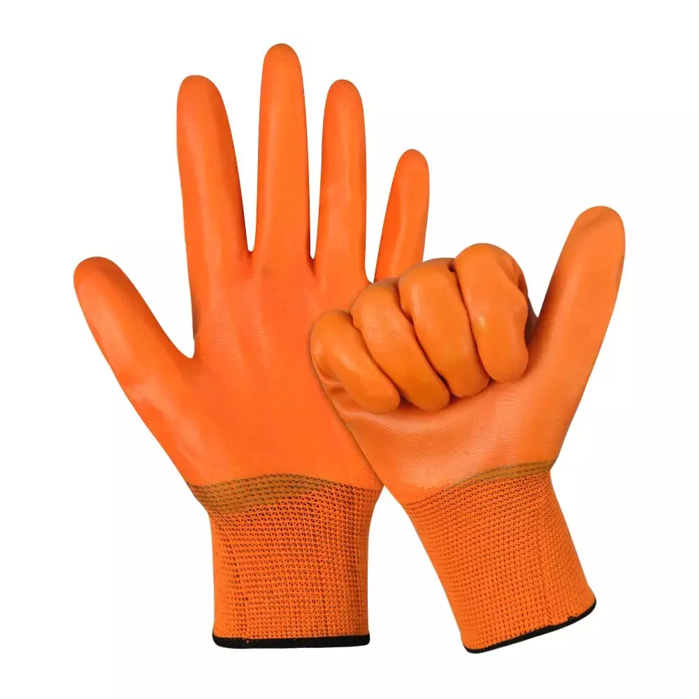 Swavind Safety Hand Gloves High-Quality PVC Full PVC Coating with Abrasion Resistance Orange Free Size (Pack of 120 Pair)