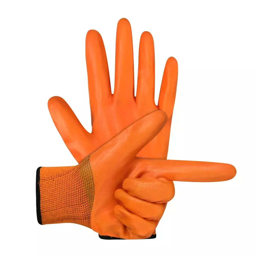 Swavind Safety Hand Gloves High-Quality PVC Full PVC Coating with Abrasion Resistance Orange Free Size (Pack of 120 Pair)