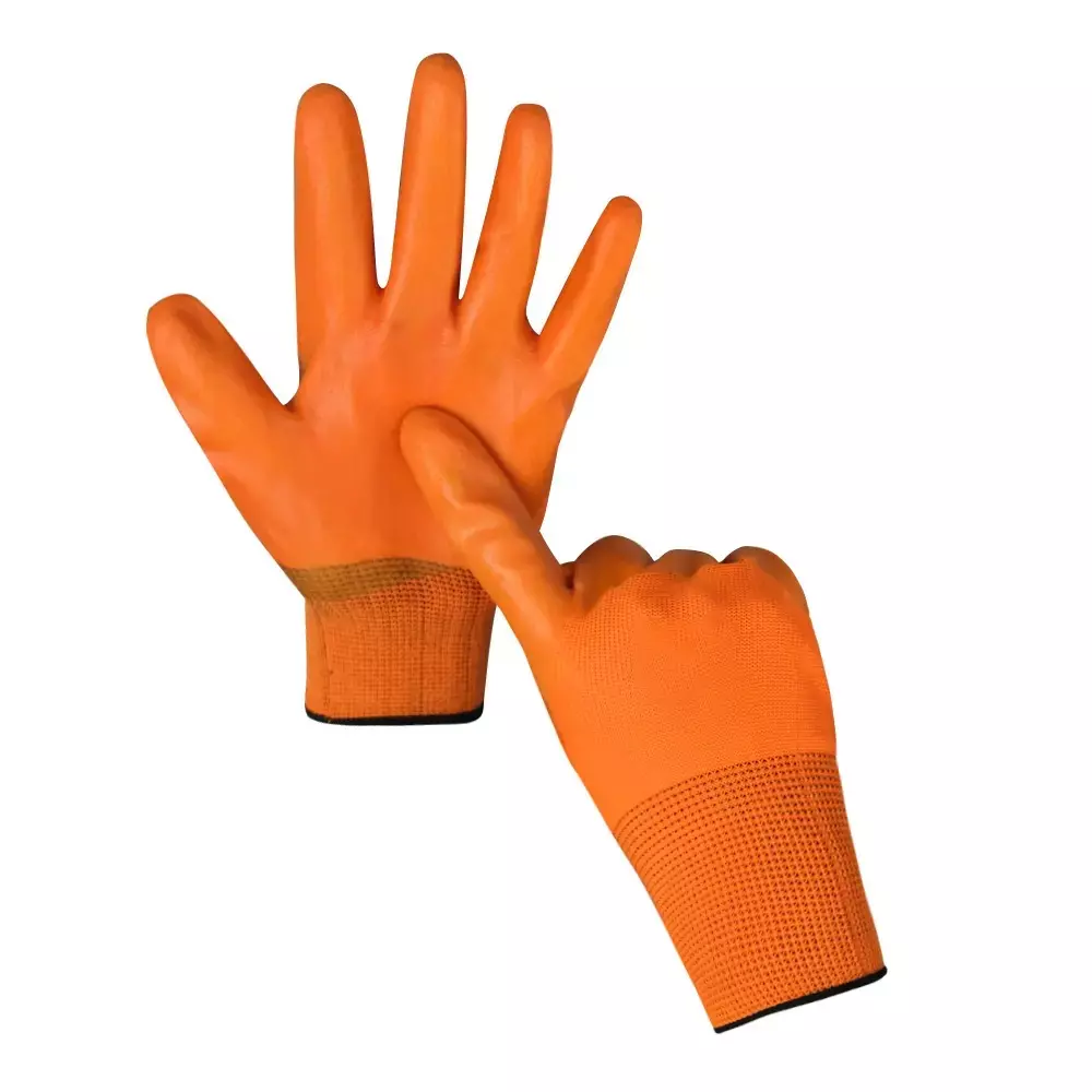 Swavind Safety Hand Gloves High-Quality PVC Full PVC Coating with Abrasion Resistance Orange Free Size (Pack of 120 Pair)