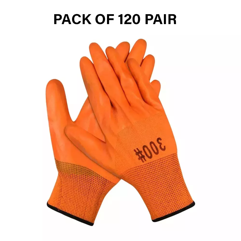 Swavind Safety Hand Gloves High-Quality PVC Full PVC Coating with Abrasion Resistance Orange Free Size (Pack of 120 Pair)