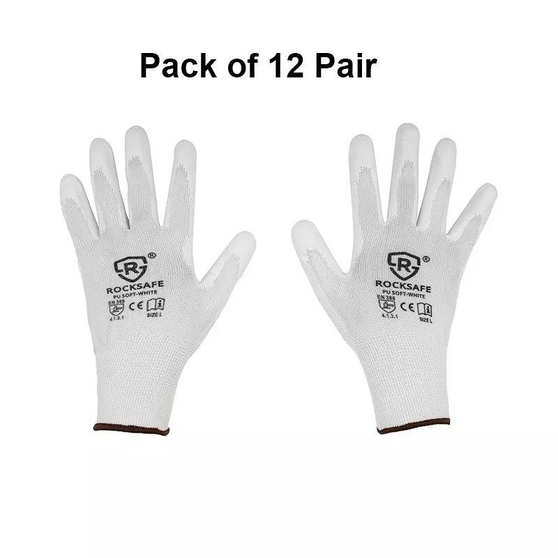 ROCKSAFE Safety Hand Gloves 13 Gauge Polyester PU Coated HPPE Liner White Size M (Pack of 12 Pairs)