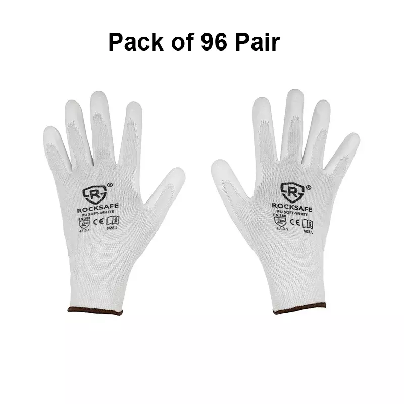 ROCKSAFE Safety Hand Gloves 13 Gauge Polyester PU Coated HPPE Liner White Size L (Pack of 96 Pairs)