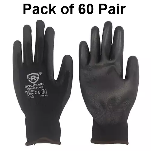 ROCKSAFE Safety Hand Gloves 13 Gauge Polyester Level 1 PU Coated Dark HPPE Liner Black Free Size (Pack of 60 Pairs)