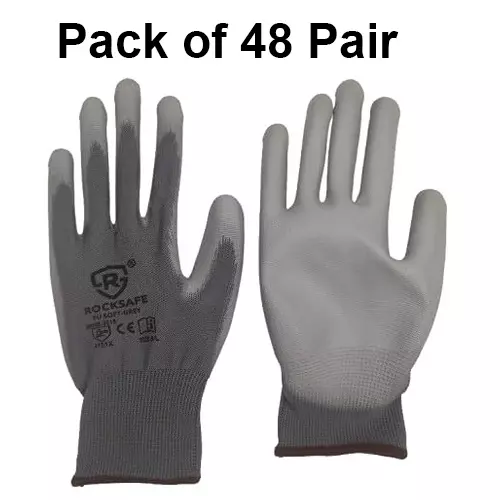 ROCKSAFE Safety Hand Gloves 13 Gauge Polyester Level 1 PU Coated HPPE Liner Grey Free Size (Pack of 48 Pairs)