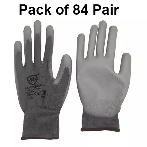 ROCKSAFE Safety Hand Gloves 13 Gauge Polyester Level 1 PU Coated HPPE Liner Grey Free Size (Pack of 84 Pairs)