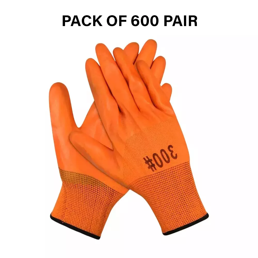 Swavind Safety Hand Gloves High-Quality PVC Full PVC Coating with Abrasion Resistance Orange Free Size (Pack of 600 Pair)