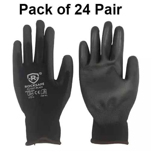 ROCKSAFE Safety Hand Gloves 13 Gauge Polyester Level 1 PU Coated Dark HPPE Liner Black Free Size (Pack of 24 Pairs)