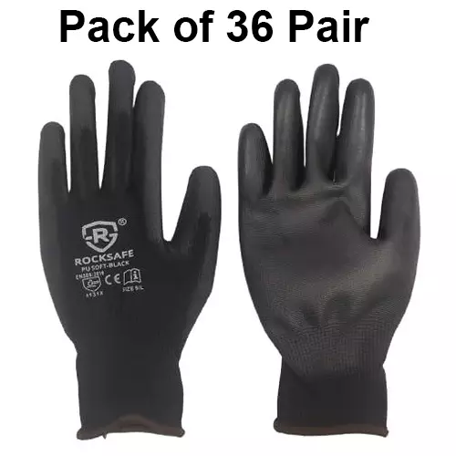 ROCKSAFE Safety Hand Gloves 13 Gauge Polyester Level 1 PU Coated Dark HPPE Liner Black Free Size (Pack of 36 Pairs)
