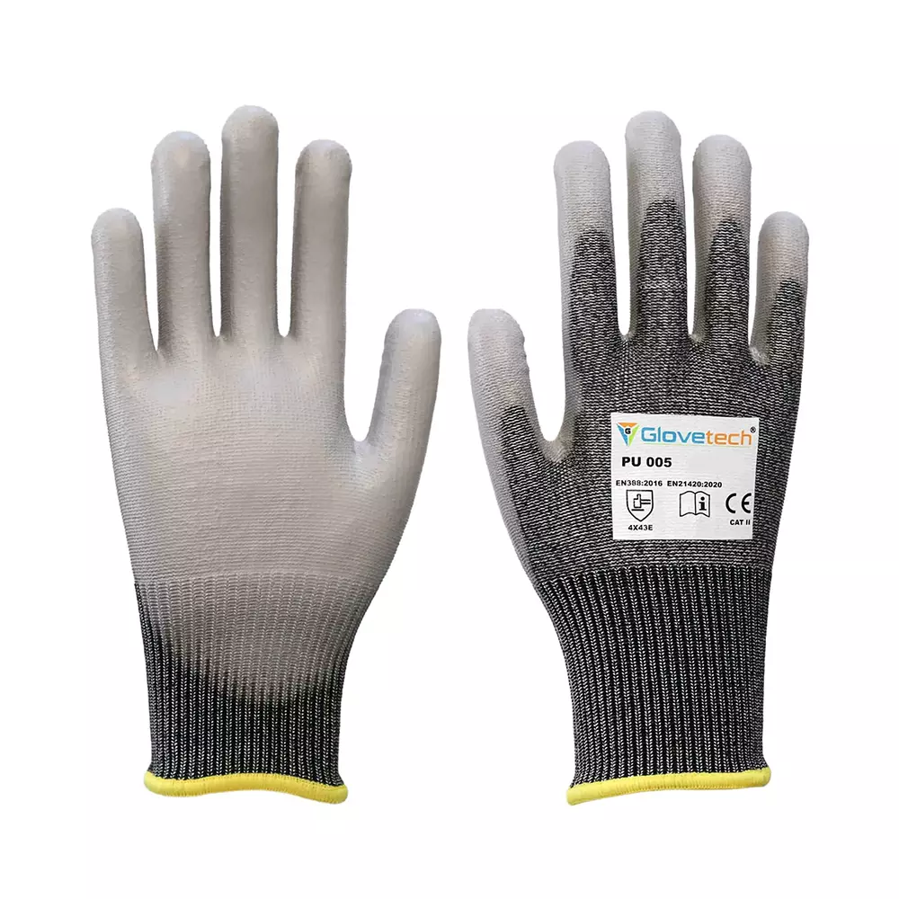 Glovetech PU Coated Cut Resistant Gloves Palm Coated Light & Dark Gray Medium Size, PU 005 (Pack of 180 Pair)