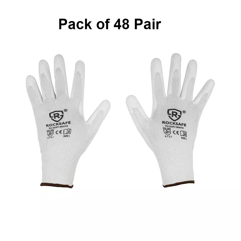 ROCKSAFE Safety Hand Gloves 13 Gauge Polyester PU Coated HPPE Liner White Size M (Pack of 48 Pairs)