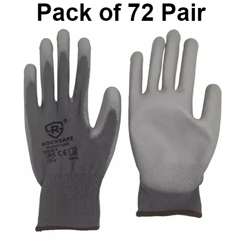 ROCKSAFE Safety Hand Gloves 13 Gauge Polyester Level 1 PU Coated HPPE Liner Grey Free Size (Pack of 72 Pairs)