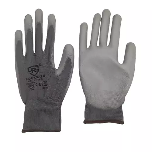 ROCKSAFE Safety Hand Gloves 13 Gauge Polyester Level 1 PU Coated HPPE Liner Grey Free Size (Pack of 96 Pairs)