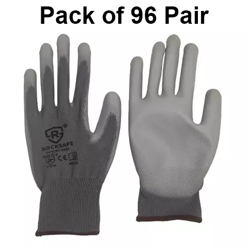 ROCKSAFE Safety Hand Gloves 13 Gauge Polyester Level 1 PU Coated HPPE Liner Grey Free Size (Pack of 96 Pairs)