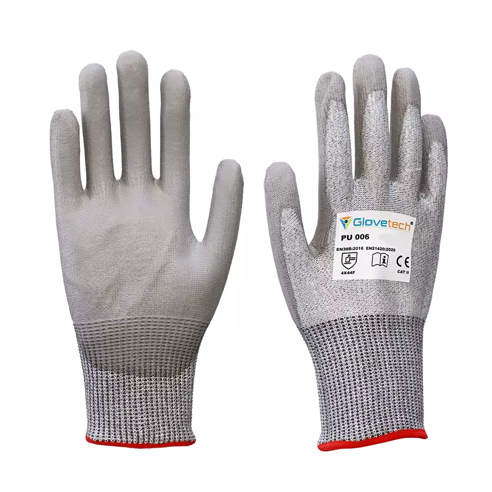 Glovetech PU Coated Cut Resistant Gloves Palm Coated Gray Large Size, PU 006 (Pack of 180 Pair)