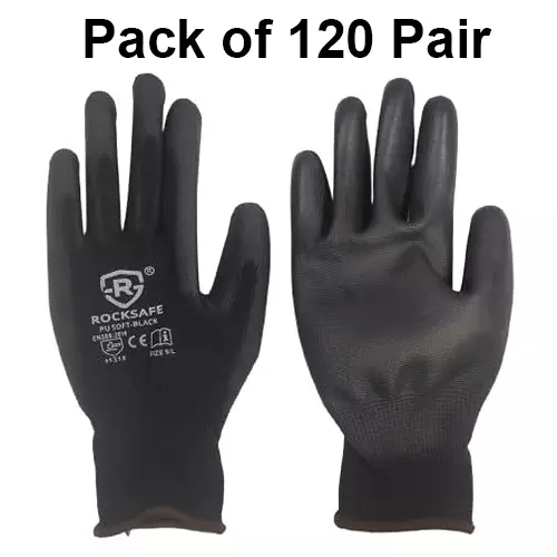 ROCKSAFE Safety Hand Gloves 13 Gauge Polyester Level 1 PU Coated Dark HPPE Liner Black Free Size (Pack of 120 Pairs)