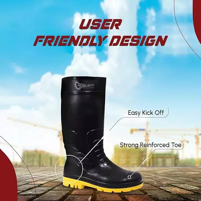 Robustt Steel Toe Printed Leather Waterproof Yellow & Black Gumboot Safety Shoes Size 7