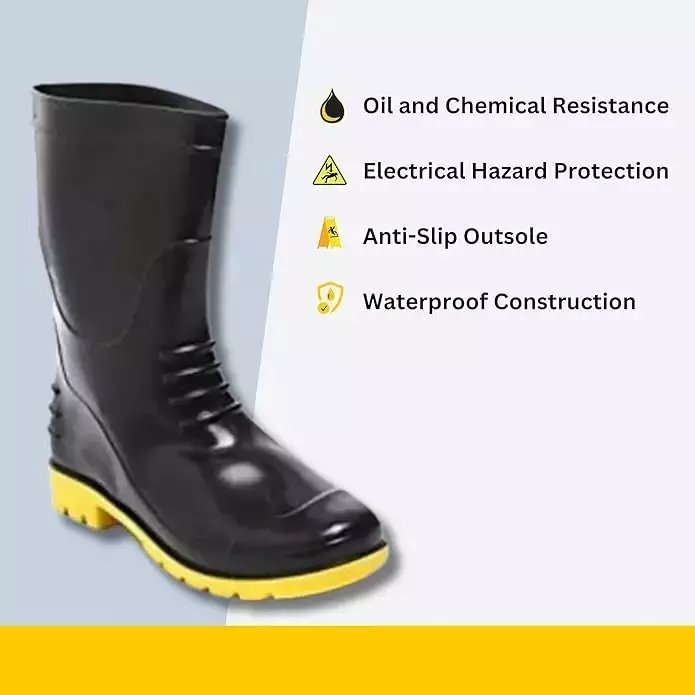 Agarson Bahubali Safety Gum Boot  27.94 cm (11 inch) Height Plain Toe PVC Black & Yellow Size UK10