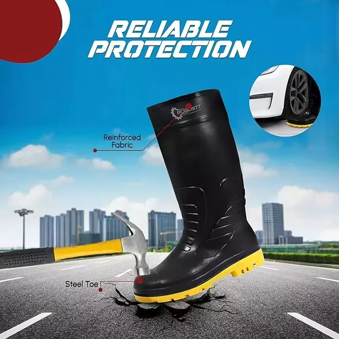 Robustt Steel Toe Printed Leather Waterproof Yellow & Black Gumboot Safety Shoes Size 9